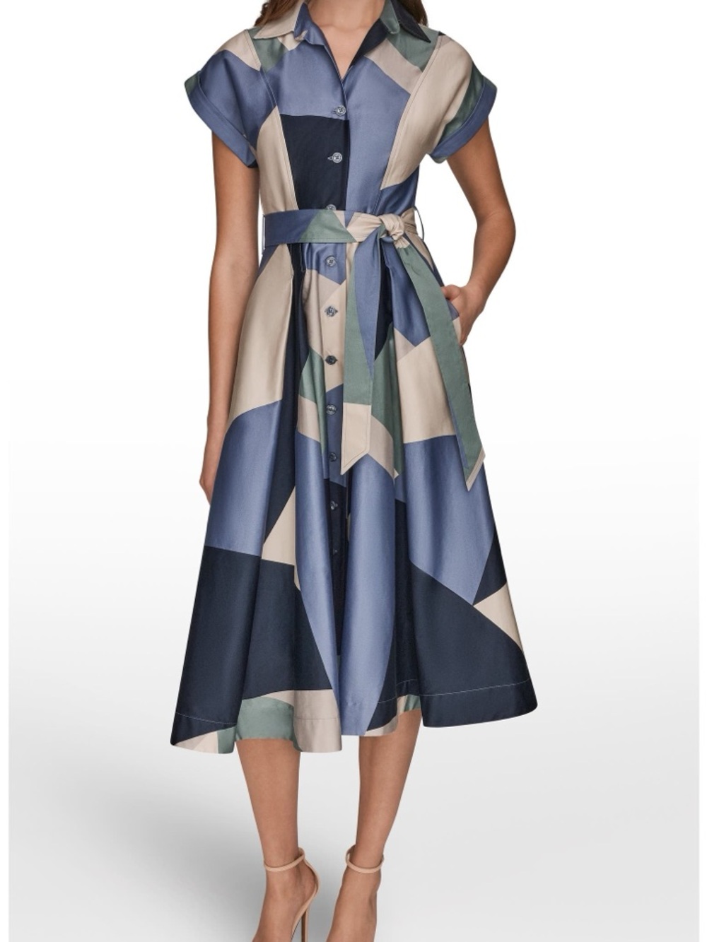Donna Karan Blue Multi Geometric Midi Shirt Dress